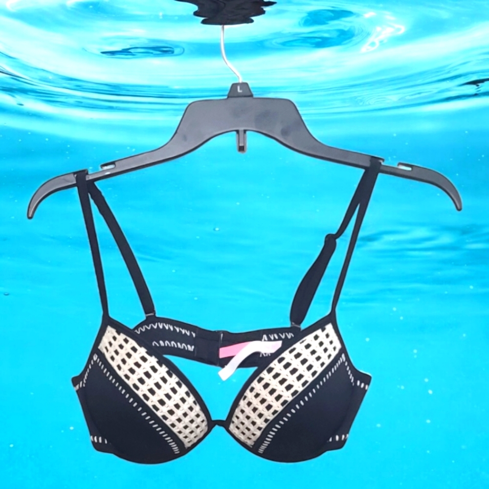 Victoria's Secret New Black Bikini Swim Top With Crochet Accents, 36C